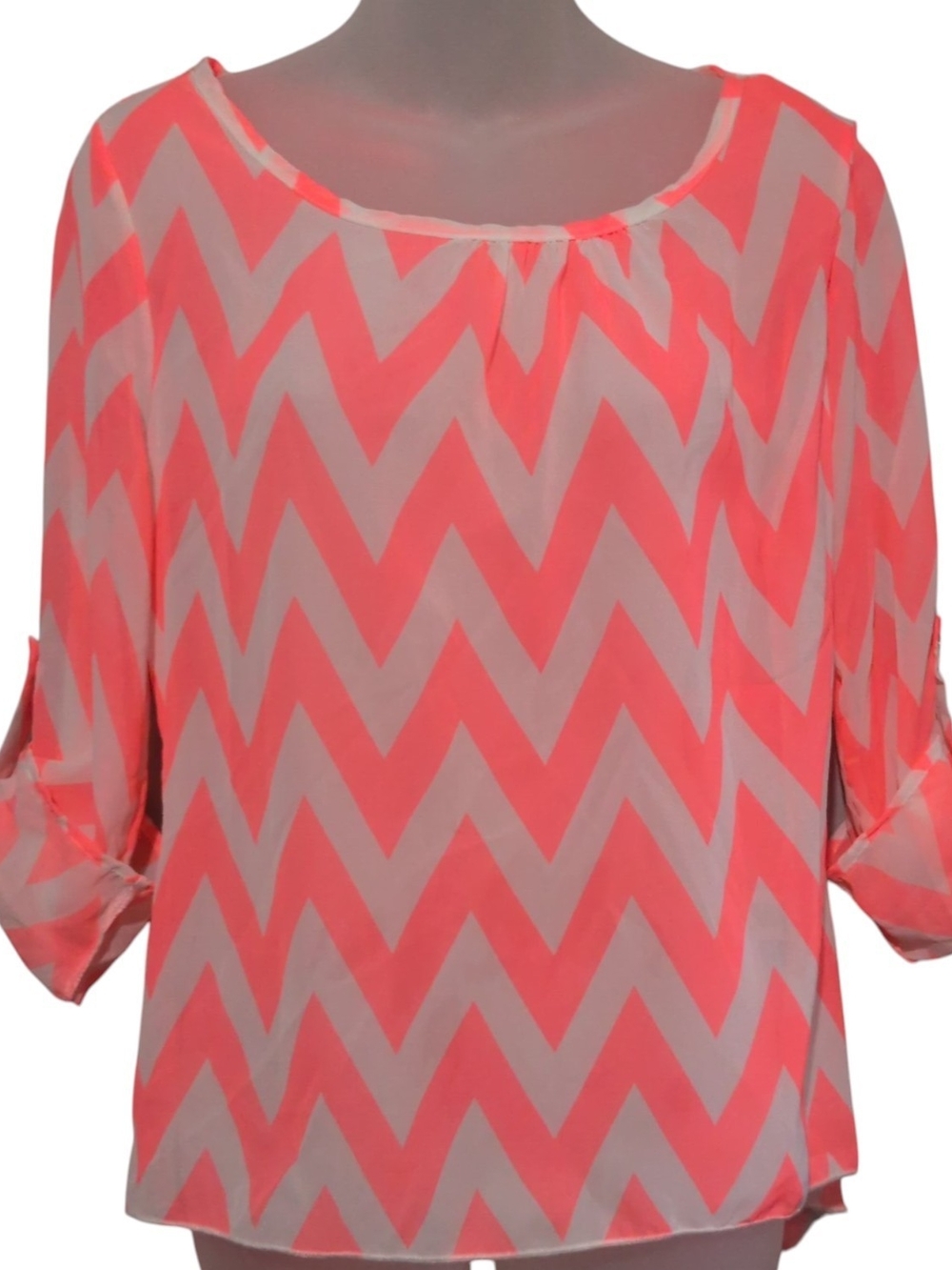NWT Oversized Medium Chevron Roll-Tab 3/4 Sleeve Coral Ivory Tunic Top Festival